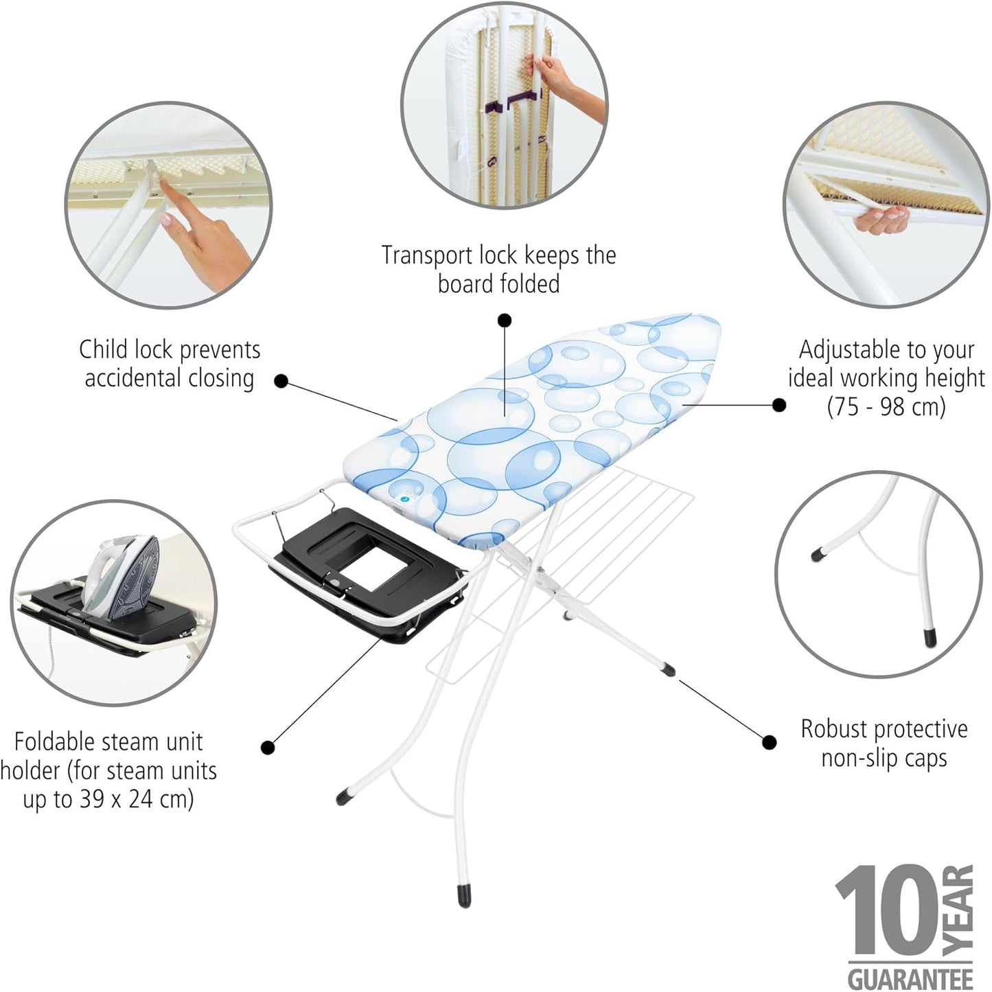 Ironing Board (Size C) Solid Steam Unit Holder (with PerfectFlow Cover) - 124x45cm/25mm - White Frame - Bubbles