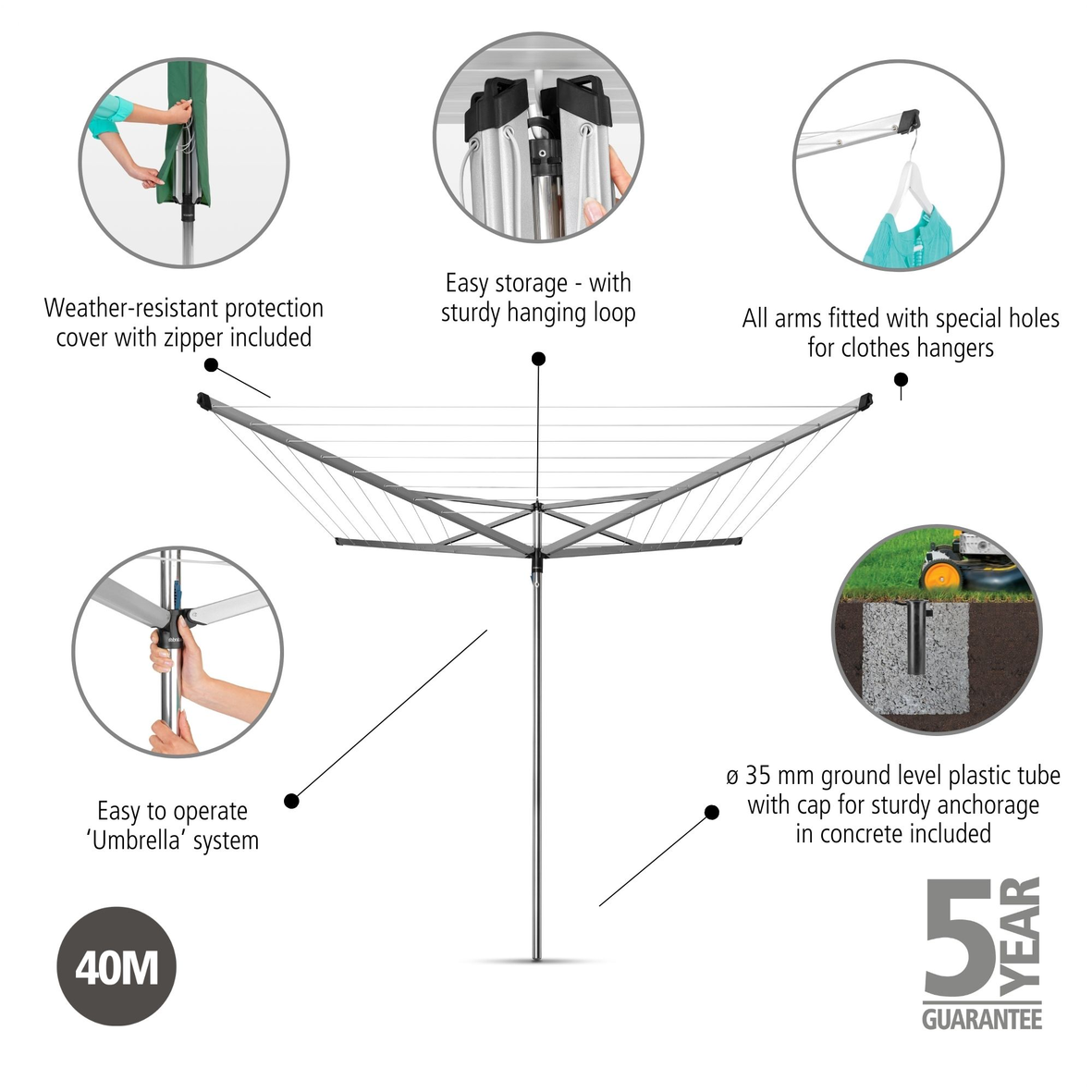 Rotary Essential 4 Arms with Plastic Ground Tube Ø 35mm and Cover - 40m - Metallic Grey