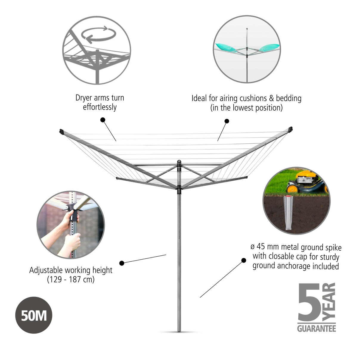 Rotary Lift-O-Matic 4 Arms with Ground Spike Ø 45mm - 50m - Metallic Grey