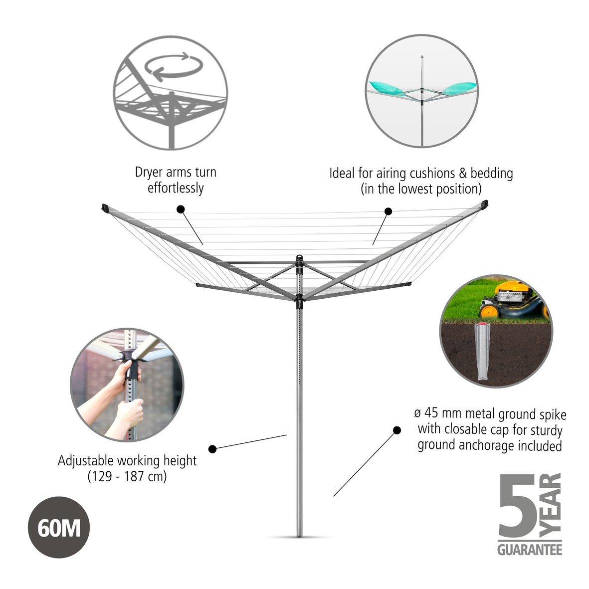 Rotary Lift-O-Matic 4 Arms with Ground Spike Ø 45mm - 60m - Metallic Grey