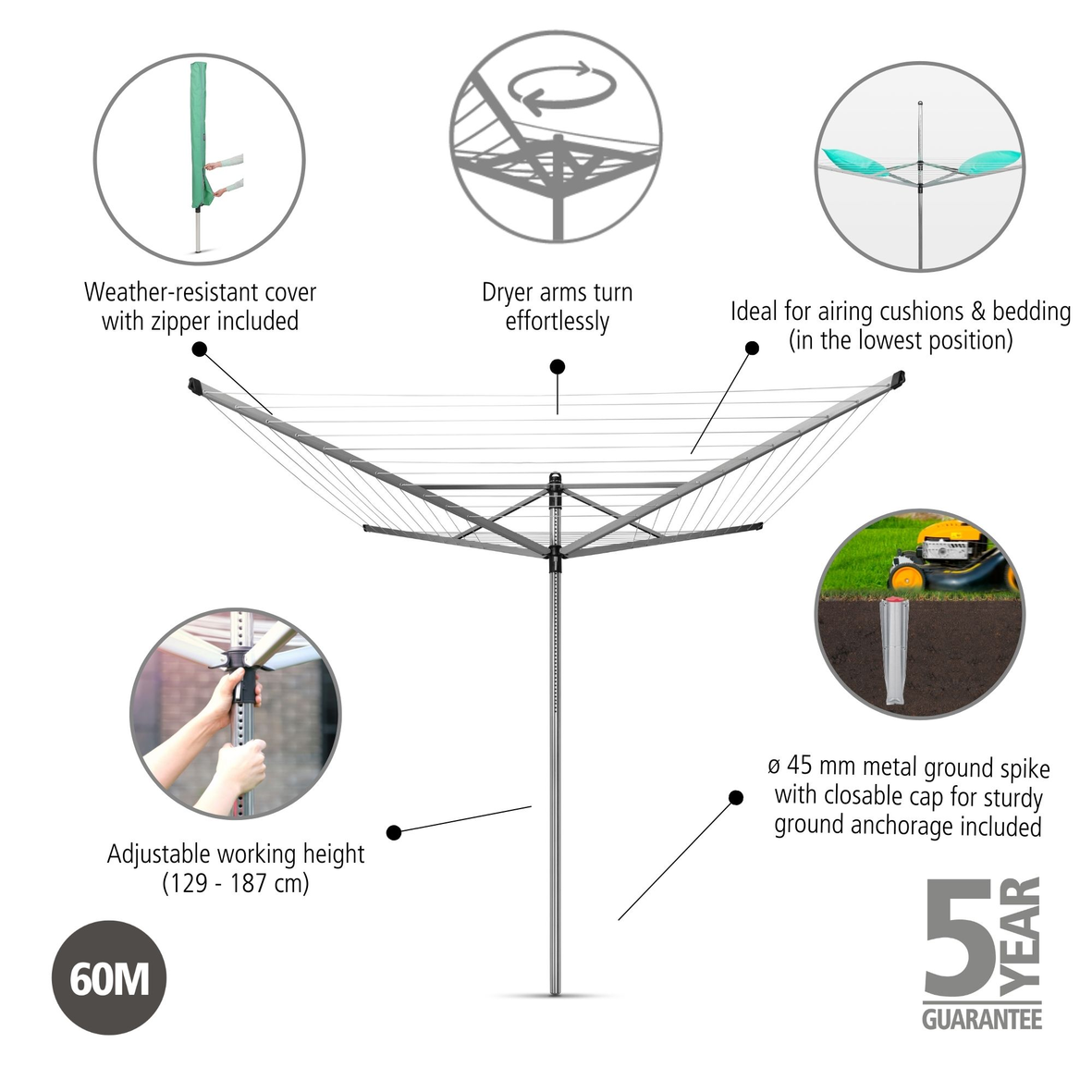 Rotary Lift-O-Matic 4 Arms with Ground Spike (with Cover) Ø 45mm - 60m - Metallic Grey