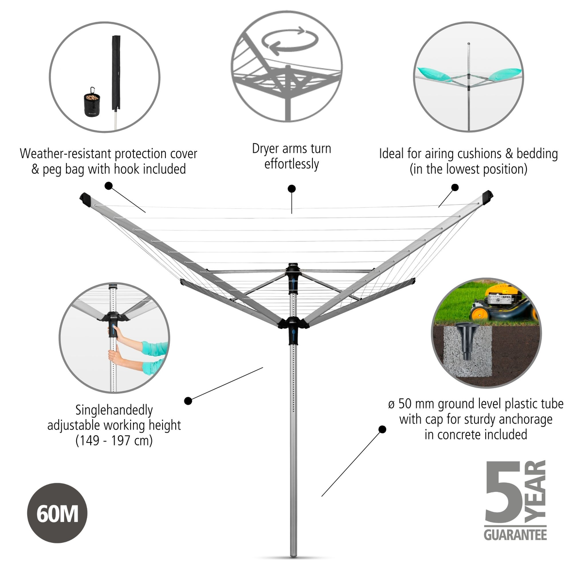 Rotary Lift-O-Matic Advance 4 Arms with Plastic Ground Tube (with Cover and Peg Bag) Ø 50mm - 60m - Metallic Grey