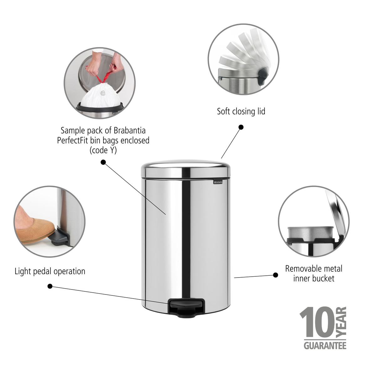 NewIcon Pedal Bin with Metal Inner Bucket - 20L