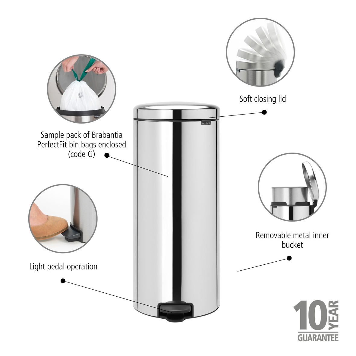 NewIcon Pedal Bin with Metal Inner Bucket - 30L