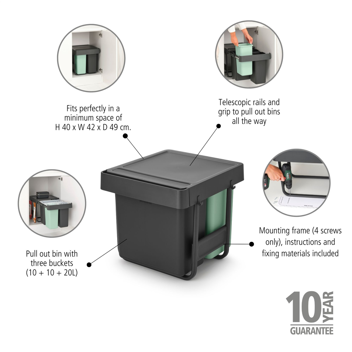 Sort&Go Built-in Bin - 10+10+20L - Dark Grey & Jade Green