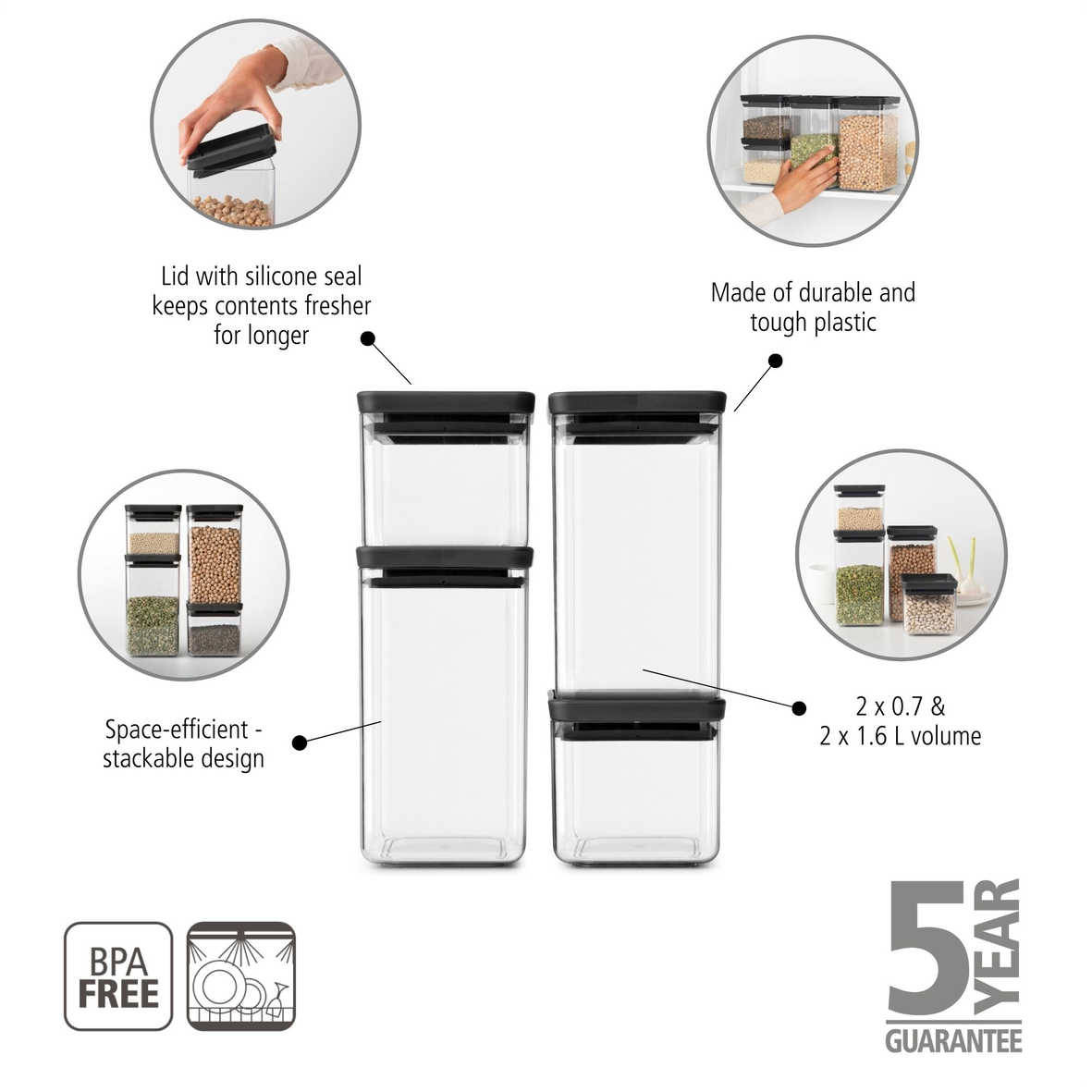 Tasty+ Stackable Canisters (Set of 4) - 2 x 0.7L & 2 x 1.6L