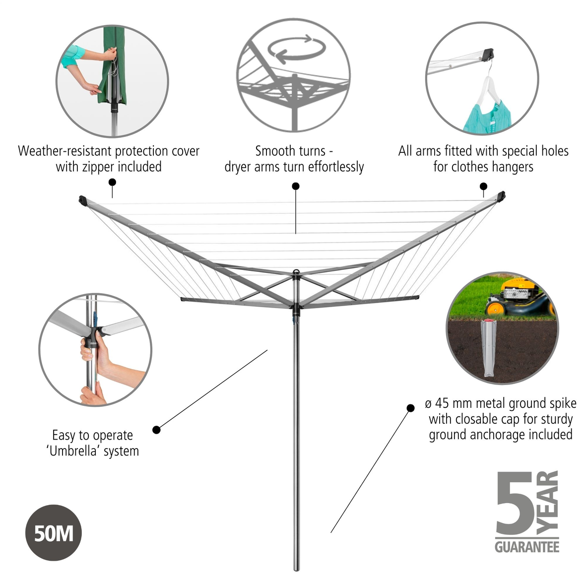 Rotary TopSpinner 4 Arms with Ground Spike and Cover Ø 45mm - 50m - Metallic Grey