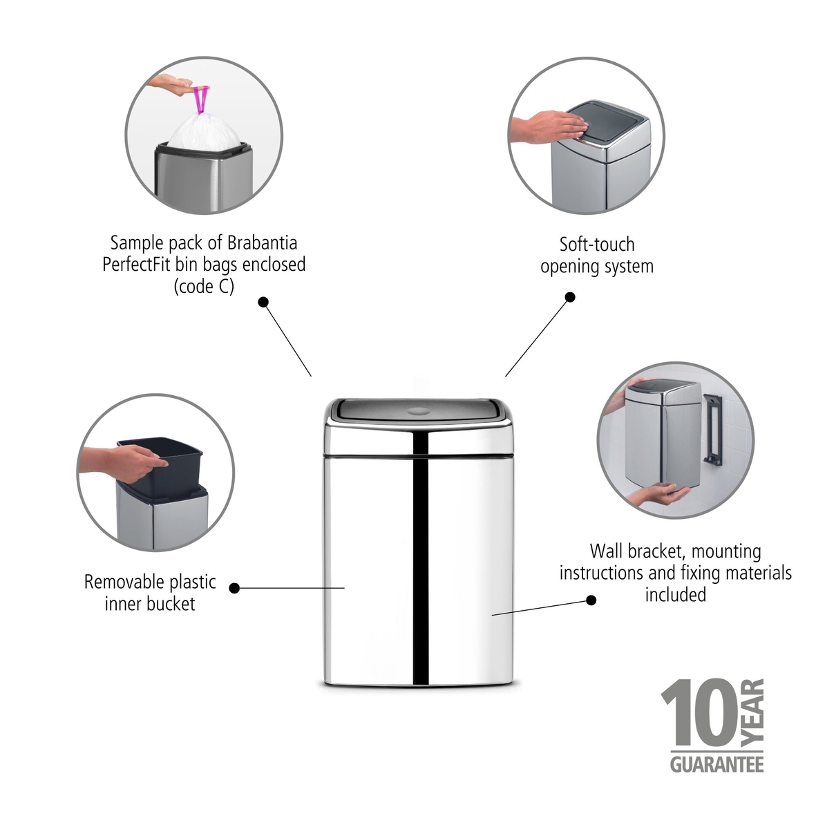 Rectangular Touch Bin with Plastic Bucket - 10L