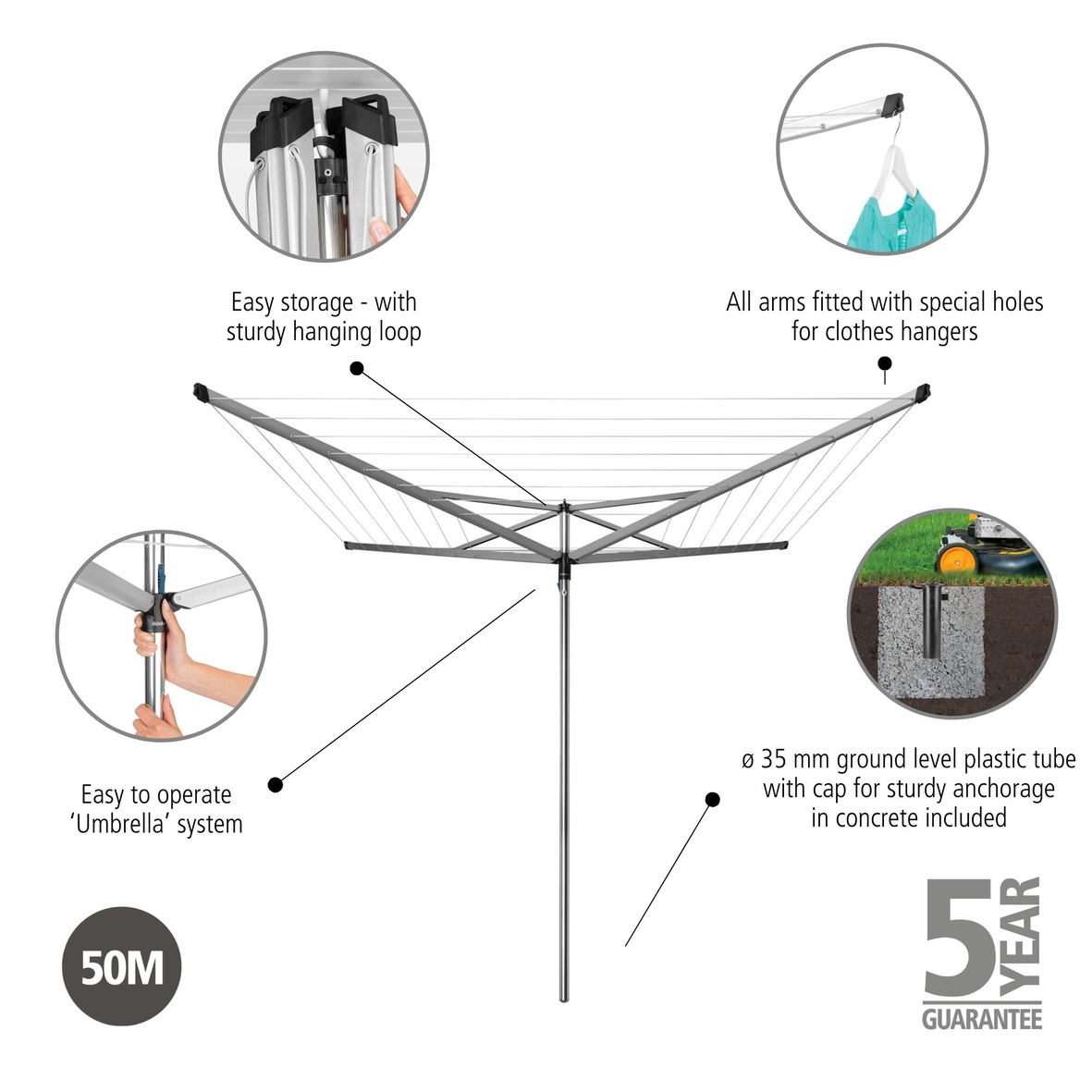 Rotary Essential 4 Arms with Plastic Ground Tube Ø 35mm - 50m - Metallic Grey