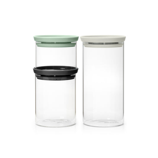 Stackable Glass Jars (Set of 3) - 0.3L Jade Green, 0.6L Dark Grey, 1.1L Light Grey